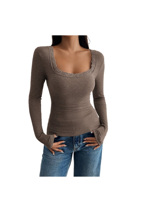 Women's Long Sleeve Lace Trim Top Square Neck Going Out Tops Cute Ribbed Knit Bow Knot Lace Patchwork T Shirts T Shirt Lace Trimmed Open Collar Slim Fit Base Shirt Top for An Style Coffee M
