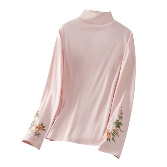 Holzkary Women's Long Sleeve Mock Turtleneck Tops, Lightweight Baselayer Shirts, High Neck Pullover Undershirts Stretchy Embroidery Shirt Chinese Wool Lined Shirt Standing Collar Pink Xxl