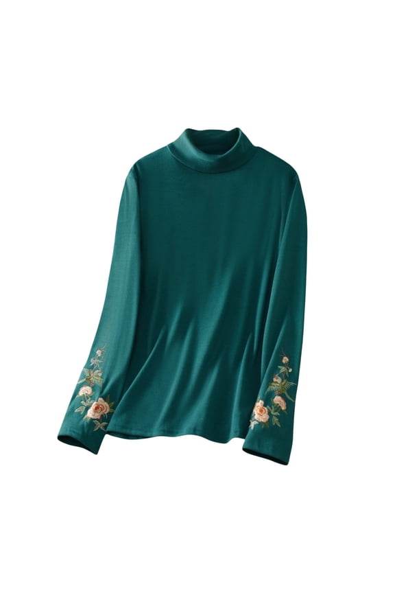 Women's Long Sleeve Mock Turtleneck Tops, Lightweight Baselayer Shirts, High Neck Pullover Undershirts Stretchy Embroidery Shirt Chinese Wool Lined Shirt Standing Collar Green L
