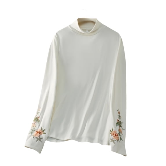 Holzkary Women's Long Sleeve Mock Turtleneck Tops, Lightweight Baselayer Shirts, High Neck Pullover Undershirts Stretchy Embroidery Shirt Chinese Wool Lined Shirt Standing Collar White Xxl