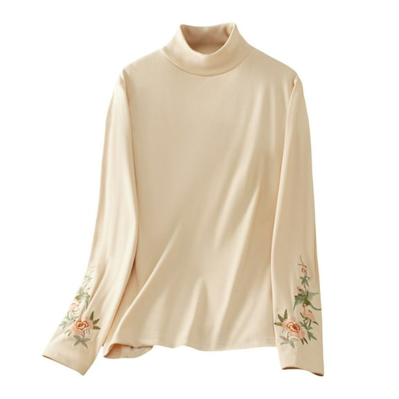 Holzkary Women's Long Sleeve Mock Turtleneck Tops, Lightweight Baselayer Shirts, High Neck Pullover Undershirts Stretchy Embroidery Shirt Chinese Wool Lined Shirt Standing Collar Beige L