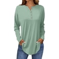 thumbnail image 1 of Holzkary Women's Long Sleeve Shirts Dressy Casual Loose Button Up V Neck Henley Tops 2025 Fall Basic Tee Blouse Long Sleeve Tops for Women Neck Casual Petite T Shirts Light Green L, 1 of 5