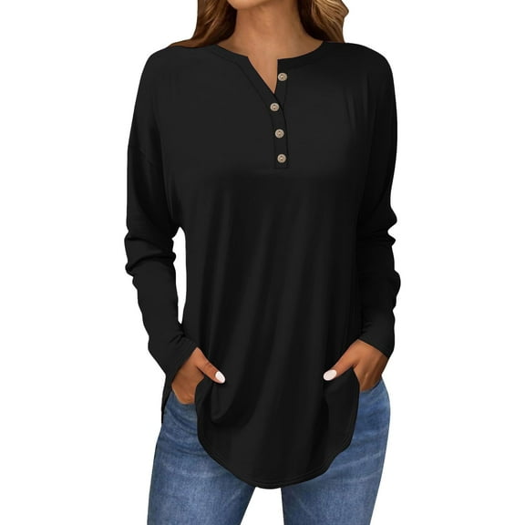 Holzkary Women's Long Sleeve Shirts Dressy Casual Loose Button Up V Neck Henley Tops 2025 Fall Basic Tee Blouse Long Sleeve Tops for Women Neck Casual Petite T Shirts Black M