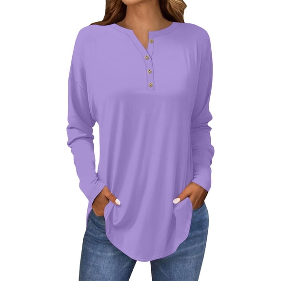 Holzkary Women's Long Sleeve Shirts Dressy Casual Loose Button Up V Neck Henley Tops 2025 Fall Basic Tee Blouse Long Sleeve Tops for Women Neck Casual Petite T Shirts Light Violet Xxl