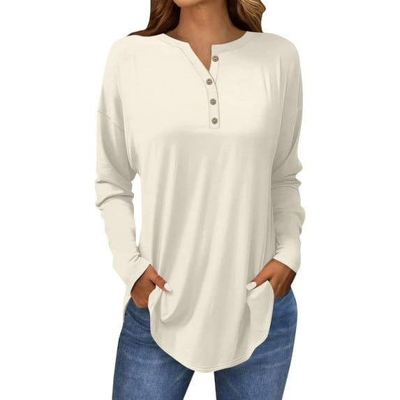 Holzkary Women's Long Sleeve Shirts Dressy Casual Loose Button Up V Neck Henley Tops 2025 Fall Basic Tee Blouse Long Sleeve Tops for Women Neck Casual Petite T Shirts Beige L