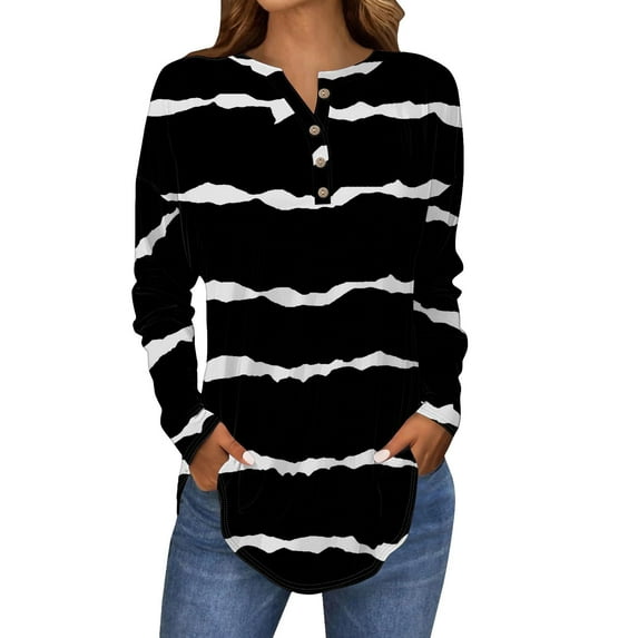 Holzkary Women's Long Sleeve Shirts Dressy Casual Striped Henley Tops Fall Fashion 2025 V Neck Button Up Blouses Long Sleeve Tops for Women Neck Casual Petite T Shirts Black L