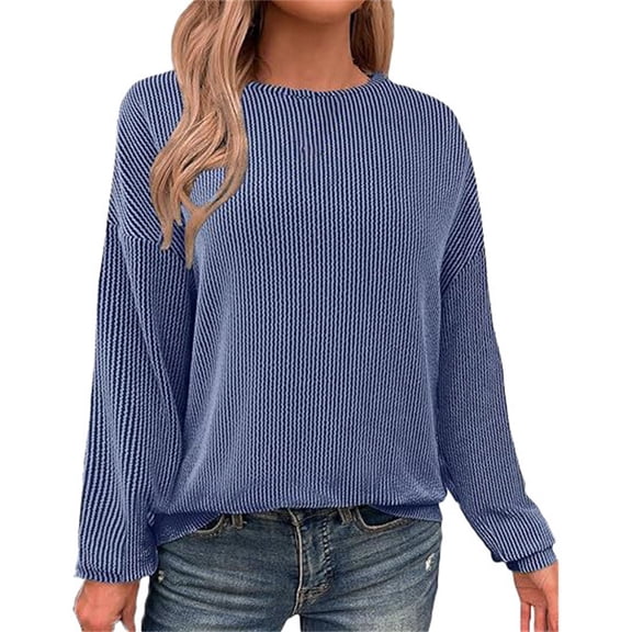 Holzkary Women's Long Sleeve Shirts Oversized Fall Tops Crew Neck Loose Casual Stripe Texture Blouses Pullover Tunic Solid Knitted Pullover Tops Loose Basic Tee Clothes Blue Xs