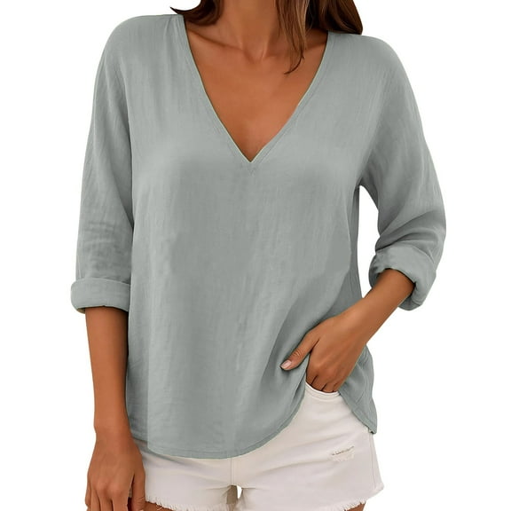 Holzkary Women's Long Sleeve Shirts V Neck Summer Tops Casual Tunics Tops Basic Tees Blouse Loose Fit Ladies' Fashionable Pure Cotton V Neck Casual Plus Size Loose Long Sleeved T Shirt Top Silver S
