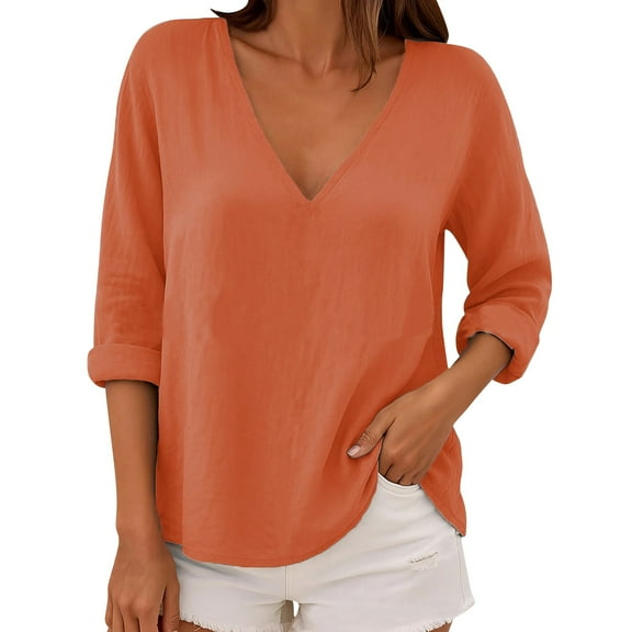 Holzkary Women's Long Sleeve Shirts V Neck Summer Tops Casual Tunics Tops Basic Tees Blouse Loose Fit Ladies' Fashionable Pure Cotton V Neck Casual Plus Size Loose Long Sleeved T Shirt Top Orange S