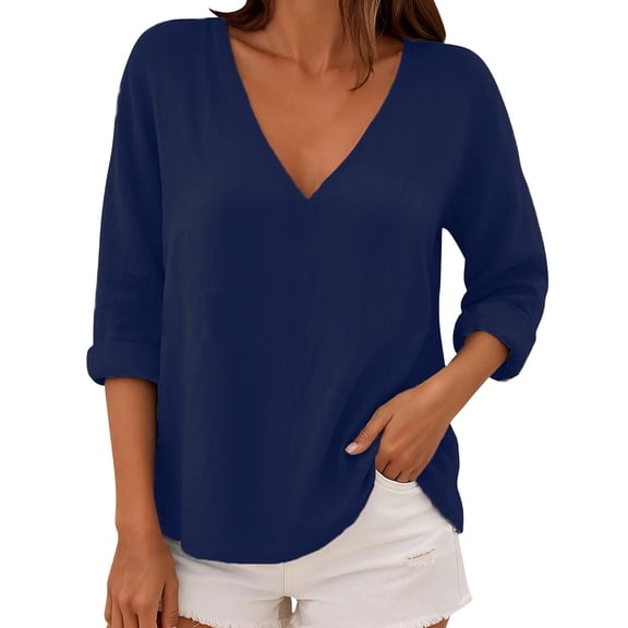 Holzkary Women's Long Sleeve Shirts V Neck Summer Tops Casual Tunics Tops Basic Tees Blouse Loose Fit Ladies' Fashionable Pure Cotton V Neck Casual Plus Size Loose Long Sleeved T Shirt Top Navy Xl