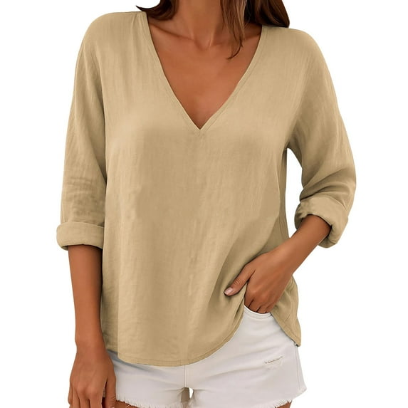Holzkary Women's Long Sleeve Shirts V Neck Summer Tops Casual Tunics Tops Basic Tees Blouse Loose Fit Ladies' Fashionable Pure Cotton V Neck Casual Plus Size Loose Long Sleeved T Shirt Top Khaki Xl