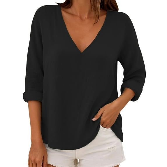 Holzkary Women's Long Sleeve Shirts V Neck Summer Tops Casual Tunics Tops Basic Tees Blouse Loose Fit Ladies' Fashionable Pure Cotton V Neck Casual Plus Size Loose Long Sleeved T Shirt Top Black L