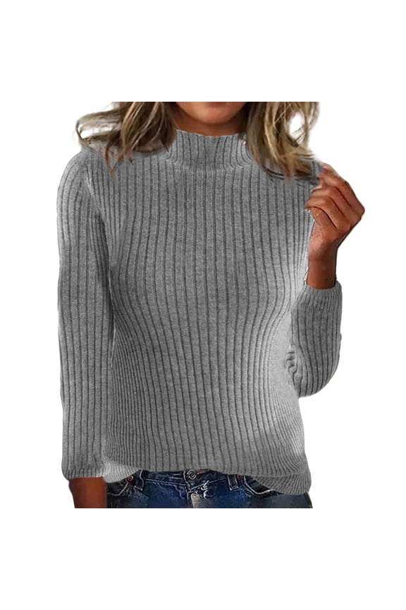 Women's Mock Neck Top Sweater Lightweight Long Sleeve Soft Knit Pullover Tops Plain Crew Neck Thin Jumper Soft Knit Sweater Elegant Warm Winter Sweater Wool Pullover Women Grey Xxl