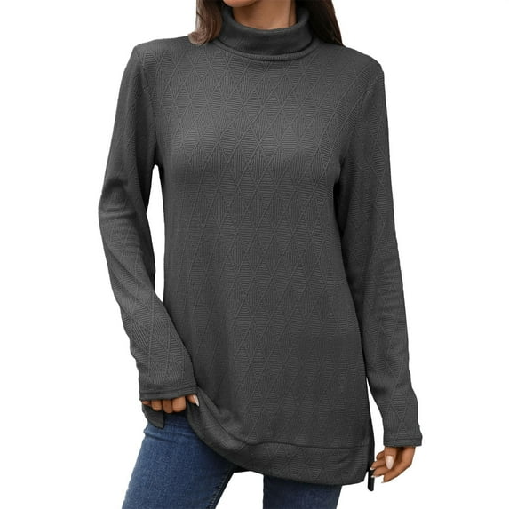 Holzkary Women's Mock Turtleneck Long Sleeve Shirts Lightweight Pullover Top New Solid Color High Neck Loose Long Sleeved Slit T Shirt Top for Women Autumn Winter 2025 Dark Grey M