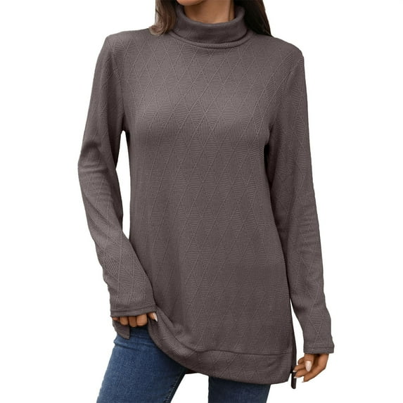 Holzkary Women's Mock Turtleneck Long Sleeve Shirts Lightweight Pullover Top New Solid Color High Neck Loose Long Sleeved Slit T Shirt Top for Women Autumn Winter 2025 Coffee L