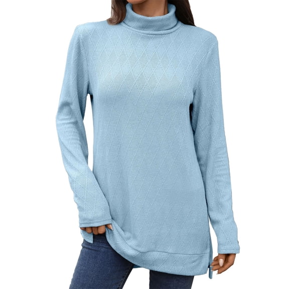 Holzkary Women's Mock Turtleneck Long Sleeve Shirts Lightweight Pullover Top New Solid Color High Neck Loose Long Sleeved Slit T Shirt Top for Women Autumn Winter 2025 Light Blue S