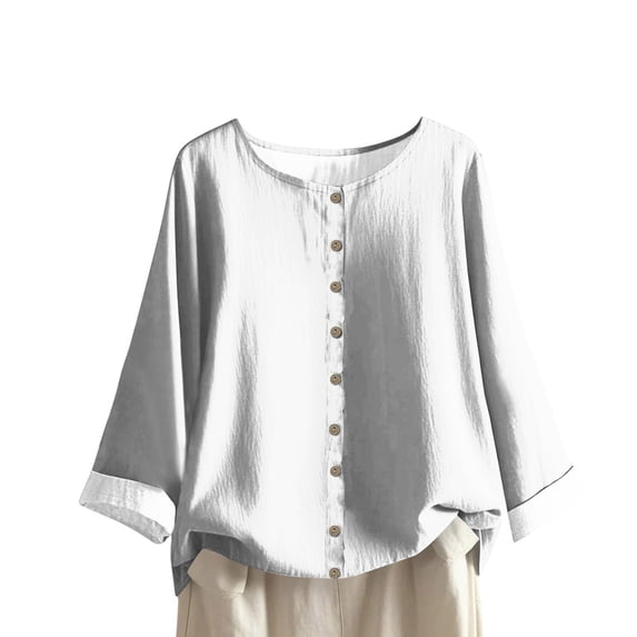 Holzkary Women's Plus Size Top Crew Neck Shirt Long Sleeve Button Down Tee Basic Ladies Loose Fit T Shirt Women Fashion Casual Button Long Sleeve Printed Tops Shirts Blouses Tops White S