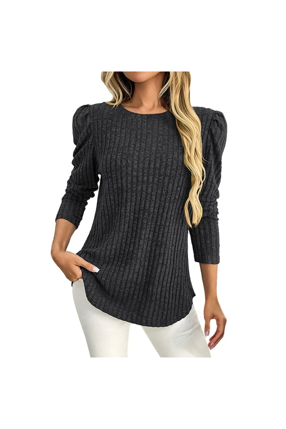 Women's Puff Long Sleeve Shirts Casual Knit Blouses Crew Neck Elegant Tunic Tops Ladies' Casual Round Neck Bubble Sleeves Brushed Stripe Solid Color Top Long Sleeved T Shirt Black L