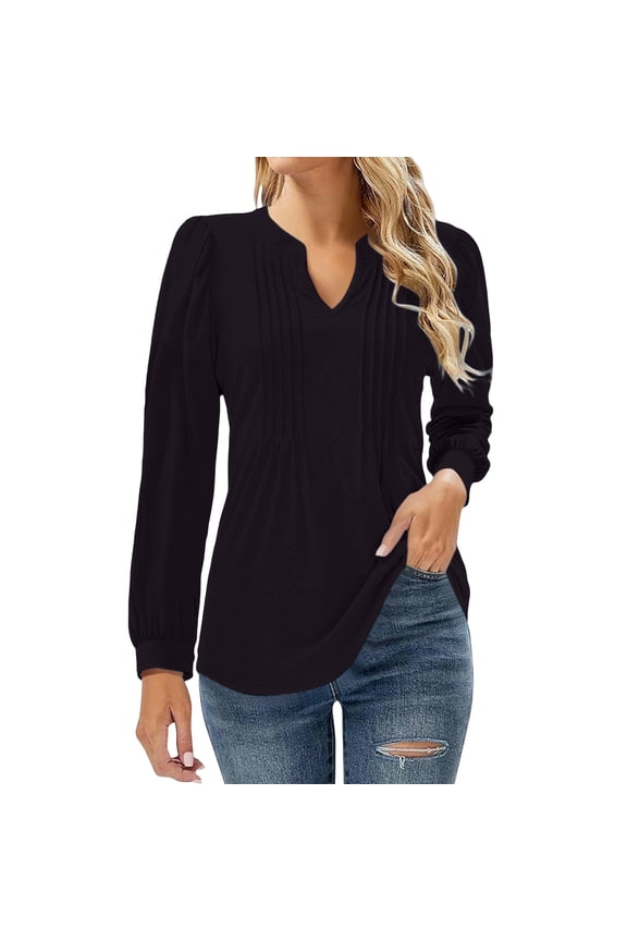 Women's Puff Long Sleeve Tops Pleated V Neck T Shirts Tunic Blouses Womens V Neck Tops Puff Long Sleeve T Shirt Pleated Printed Blouse Shirts Black Xl