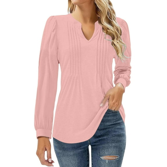 Holzkary Women's Puff Long Sleeve Tops Pleated V Neck T Shirts Tunic Blouses Womens V Neck Tops Puff Long Sleeve T Shirt Pleated Printed Blouse Shirts Pink Xl