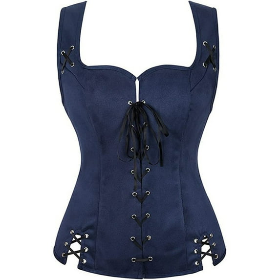 Holzkary Women's Renaissance Lace Up Vintage Boned Bustier Corset with Garters Scoop Neck Corset Tops Slim Fit Waistcoat Gothic Medieval Bodice Vest Top Waistcoat Halloween Gothic Bodice Blue Xs