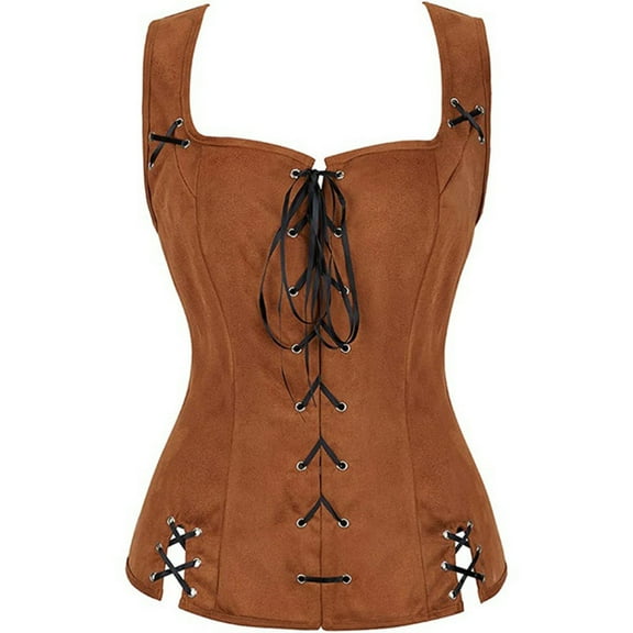 Holzkary Women's Renaissance Lace Up Vintage Boned Bustier Corset with Garters Scoop Neck Corset Tops Slim Fit Waistcoat Gothic Medieval Bodice Vest Top Waistcoat Halloween Gothic Bodice Gold Xxl