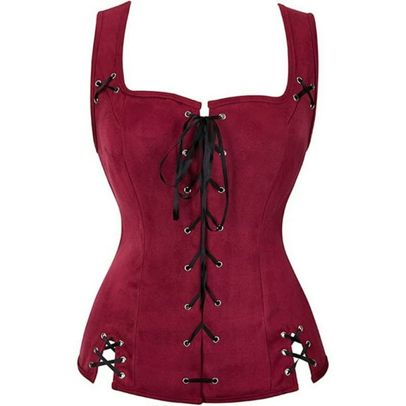 Holzkary Women's Renaissance Lace Up Vintage Boned Bustier Corset with Garters Scoop Neck Corset Tops Slim Fit Waistcoat Gothic Medieval Bodice Vest Top Waistcoat Halloween Gothic Bodice Wine Xl