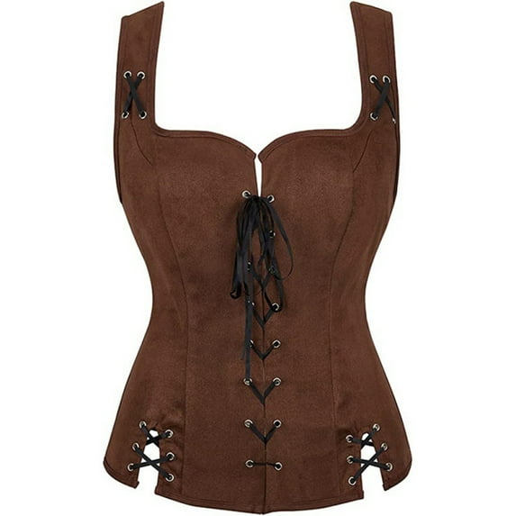 Holzkary Women's Renaissance Lace Up Vintage Boned Bustier Corset with Garters Scoop Neck Corset Tops Slim Fit Waistcoat Gothic Medieval Bodice Vest Top Waistcoat Halloween Gothic Bodice Brown Xs