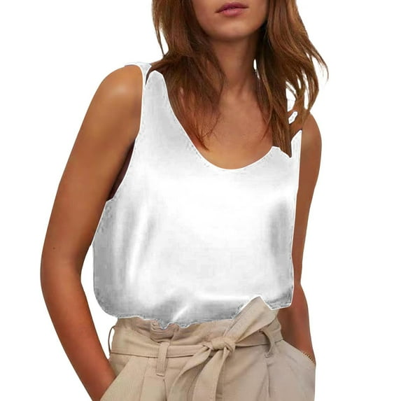 Holzkary Women's Satin Tank Tops V Neck Camisole Casual Cami Sleeveless Shirt Blouses Silky Basic Tanks Women's Satin Sleeveless Top Round Neck Trade Color Ding Loose Vest White Xxl