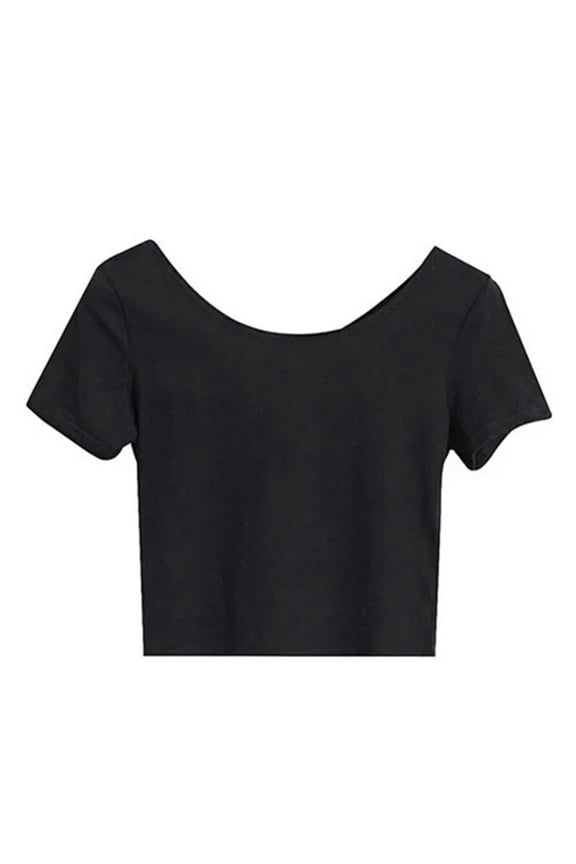 Women's Short Sleeve Crop Tops, Crew Neck Slim Fitted Cropped Shirts Workout Basic Tops Women Neck Crop Tops Short Sleeve Midriff Casual Blouse T Shirt Black S