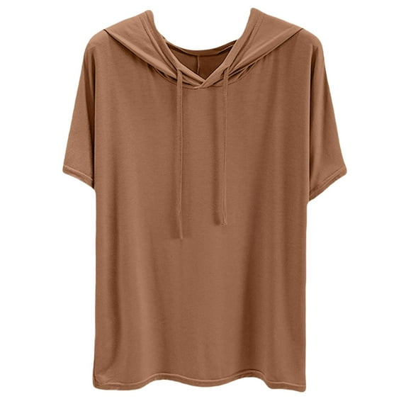 Holzkary Women's Short Sleeve Plain Hoodie Fashionable Sweatshirt with Hood Loose Comfortable Blouse Classic Tops Sports Summer Shirts Solid Color Sweatshirt Thin Loose Fitting Base Shirt Khaki Xl