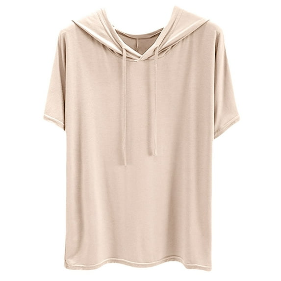 Holzkary Women's Short Sleeve Plain Hoodie Fashionable Sweatshirt with Hood Loose Comfortable Blouse Classic Tops Sports Summer Shirts Solid Color Sweatshirt Thin Loose Fitting Base Shirt Beige L