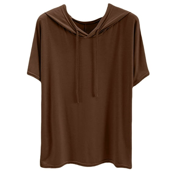 Holzkary Women's Short Sleeve Plain Hoodie Fashionable Sweatshirt with Hood Loose Comfortable Blouse Classic Tops Sports Summer Shirts Solid Color Sweatshirt Thin Loose Fitting Base Shirt Coffee Xxl