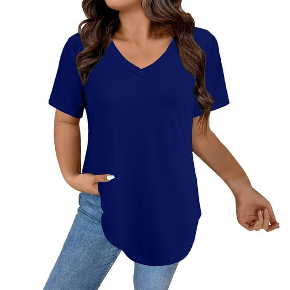Holzkary Women's Short Sleeve Tunic Tops Summer V Neck Shirts Casual Fashion Basic Tees Curved Hem Tops Bu2 Xxl