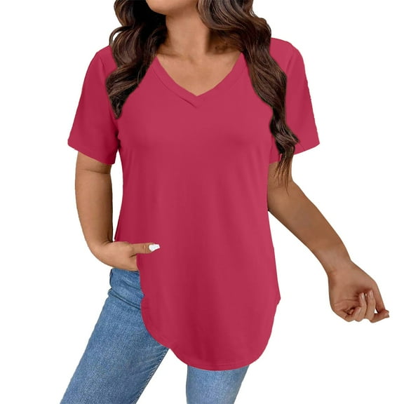 Holzkary Women's Short Sleeve Tunic Tops Summer V Neck Shirts Casual Fashion Basic Tees Curved Hem Tops Hot Pink Xl