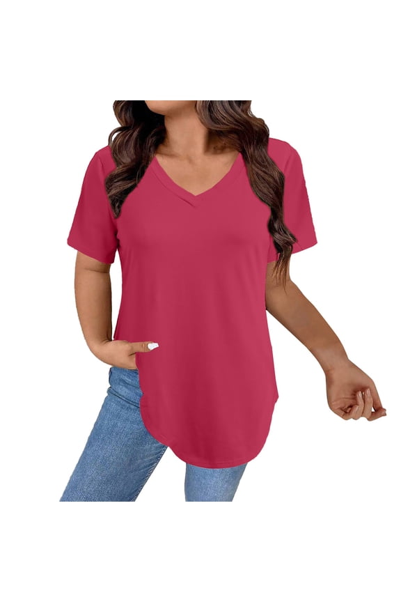 Women's Short Sleeve Tunic Tops Summer V Neck Shirts Casual Fashion Basic Tees Curved Hem Tops Hot Pink Xxl