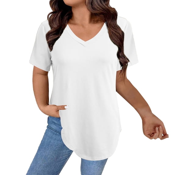 Holzkary Women's Short Sleeve Tunic Tops Summer V Neck Shirts Casual Fashion Basic Tees Curved Hem Tops White 4Xl