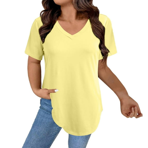 Holzkary Women's Short Sleeve Tunic Tops Summer V Neck Shirts Casual Fashion Basic Tees Curved Hem Tops Yellow Xxl