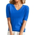 thumbnail image 1 of Holzkary Women's Short Sleeve V Neck Sweaters Lightweight Summer Sweater Casual Knit Pullover Tops Women's Round Neck Short Sleeved Loose T Shirt with A Knit Bottom Short Top Blue L, 1 of 9