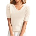 thumbnail image 1 of Holzkary Women's Short Sleeve V Neck Sweaters Lightweight Summer Sweater Casual Knit Pullover Tops Women's Round Neck Short Sleeved Loose T Shirt with A Knit Bottom Short Top Beige L, 1 of 9