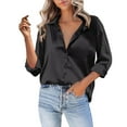 thumbnail image 1 of Holzkary Women's Soft Satin Silk Button Down Shirts for Women Silky Long Sleeve Work Shirt Dress Blouses Tops Satin Button Down Shirt Casual Long Sleeve V Neck Blouse Loose Business Work Tops Black L, 1 of 5