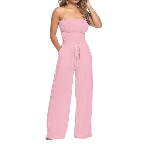 Holzkary Women's Strapless Tube Top Rompers Casual Off Shoulder Solid Color Belted Wide Leg Jumpsuit with Pockets Rompers for Summer Off Shoulder Summer Loose Sleeveless Beach Outfits Pink S