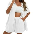 thumbnail image 1 of Holzkary Women's Summer Cotton Linen Short Sets 2 Piece Shorts Top Lounge Beach Vacation Fashion Casual Cardigan Short Sleeve Shorts 2 Piece Set Woman Summer White L, 1 of 6