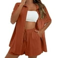 thumbnail image 1 of Holzkary Women's Summer Cotton Linen Short Sets 2 Piece Shorts Top Lounge Beach Vacation Fashion Casual Cardigan Short Sleeve Shorts 2 Piece Set Woman Summer Wine M, 1 of 6