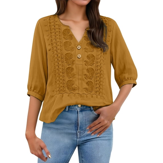 Holzkary Women's Summer Flora Embroidered Tops Relaxed Fit Basic Tee Summer Tshirts Mexican Shirts Work Tees V Neck Dressy Casual Blouses Retro Embroidered Boho Tops Loose Tunics Top Bohemian Tops