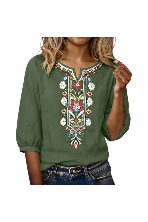 Women's Summer Flora Embroidered Tops Vacation Beach Solid Cotton Linen Tops Summer Gauze Shirts Summer Tops for Women V Neck Blouses Bohemian Tops Retro Embroidered Boho Tops Boho Shirts