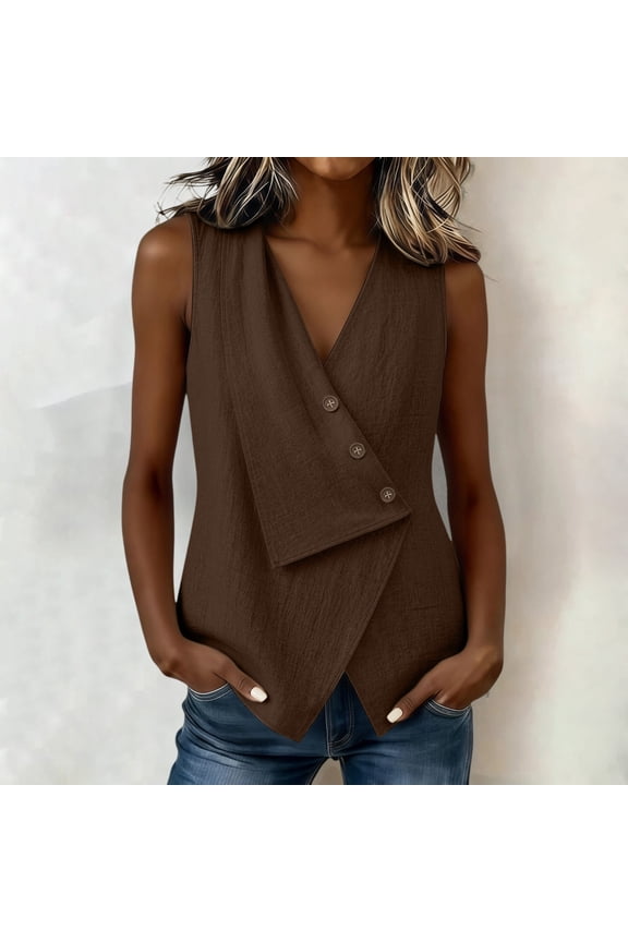 Women's Summer Tank Blouse Wrap Tops Asymmetric Hem Solid Color Pullover Tunic Top Solid Vest Relaxed Fit Camisole Plus Size Shirts Boho Shirts Comfy Lounge Wear Dressy Fashion Top Coffee S