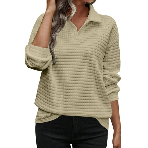 Holzkary Women's Sweatshirts Lapel Collar Casual Long Sleeve Tunic Tops Women's Fashionable and Casual Halloween Letter Print Round Neck Long Sleeved Top Sweatshirt Khaki L
