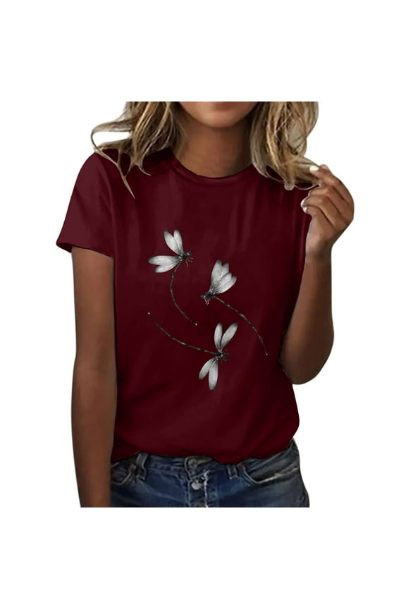 Women's T-Shirts V-Neck Boho Dragonfly Print Graphic Tees Shirts Cute Casual Summer Tops Short Sleeve T Shirt Print Shirt Round Neck Top Lightweight Soft Summer Clothing Clothes Wine M
