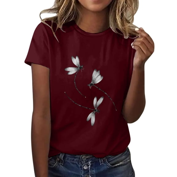 Holzkary Women's T-Shirts V-Neck Boho Dragonfly Print Graphic Tees Shirts Cute Casual Summer Tops Short Sleeve T Shirt Print Shirt Round Neck Top Lightweight Soft Summer Clothing Clothes Wine M